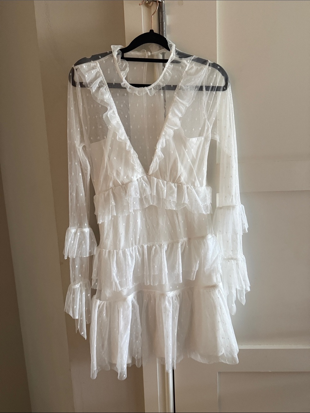 Tularosa White Sheer Ruffled Mini Dress